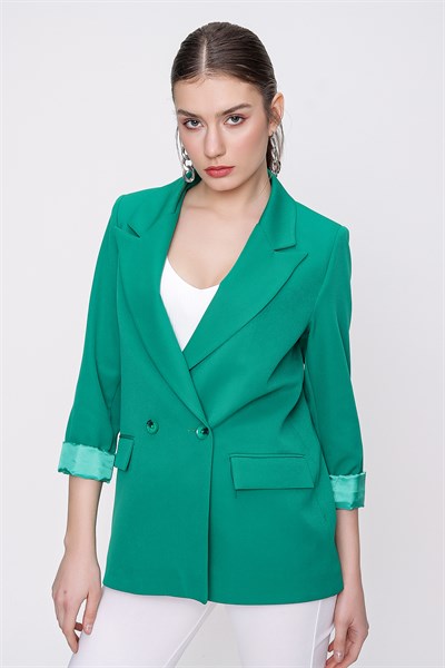 Kadın Yeşil Kol Katlamalı Kruvaze Yaka Ceket