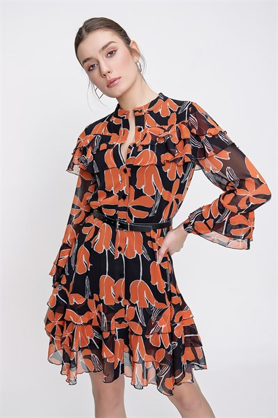 Kadın Orange Omuzu Volanlı Şifon Gömlek Elbise