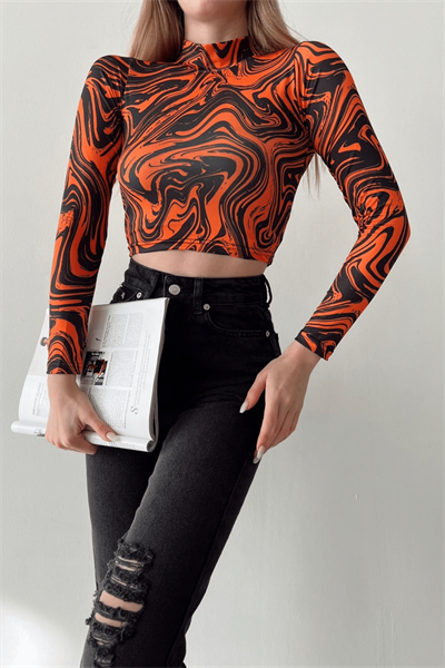 Kadın Orange Ebruli Desen Crop Bluz