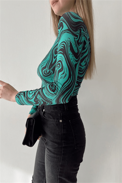 Kadın Yeşil Ebruli Desen Crop Bluz
