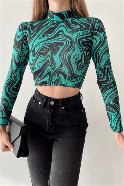 Kadın Yeşil Ebruli Desen Bluz