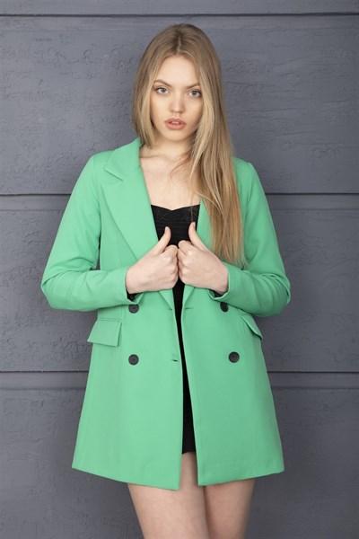 Kadın Yeşil Kemer Detaylı Düğmeli Kruvaze Blazer Ceket