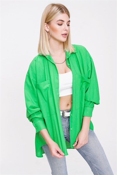 Kadın Yeşil Önü Kısa Arkası Uzun Salaş Gömlek