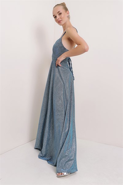 Kadın Saks Mavi Çapraz İp askılı Simli Uzun Abiye Elbise