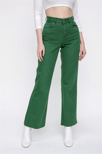 Kadın Koyu Yeşil Kesik Bol Paça Pantolon