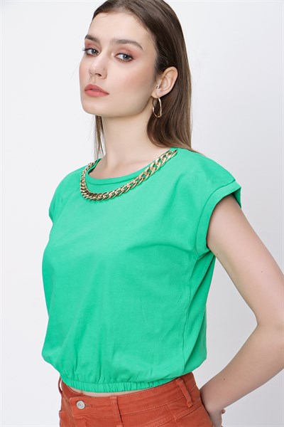 Kadın Yeşil Yakası Zincirli Tişört