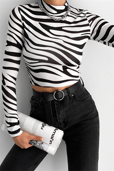 Kadın Zebra Desen Crop Bluz