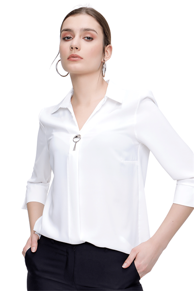 Kadın Ekru Gömlek Yaka Kapri Kol Şifon Bluz