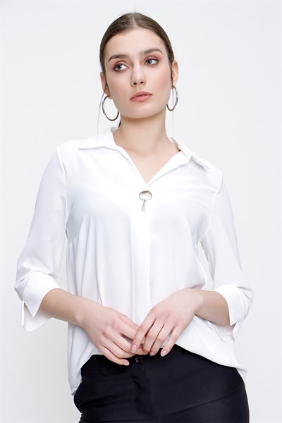 Kadın Ekru Gömlek Yaka Kapri Kol Şifon Bluz