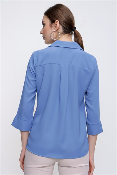 Kadın İndigo Gömlek Yaka Kapri Kol Şifon  Bluz