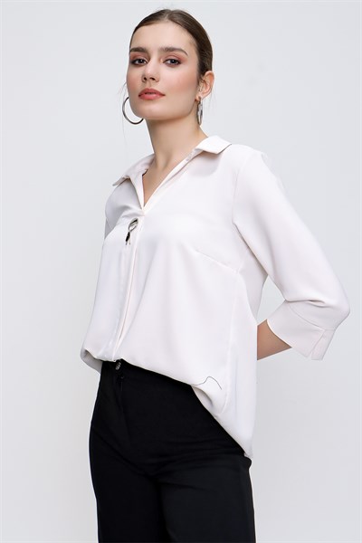Kadın Taş Gömlek Yaka Kapri Kol Şifon Bluz