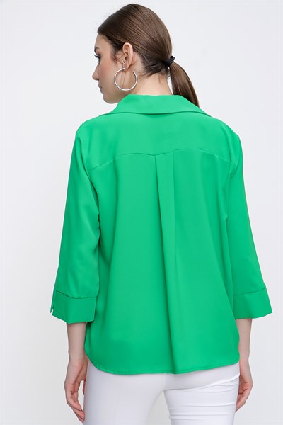 Kadın Yeşil Gömlek Yaka Kapri Kol Şifon Bluz