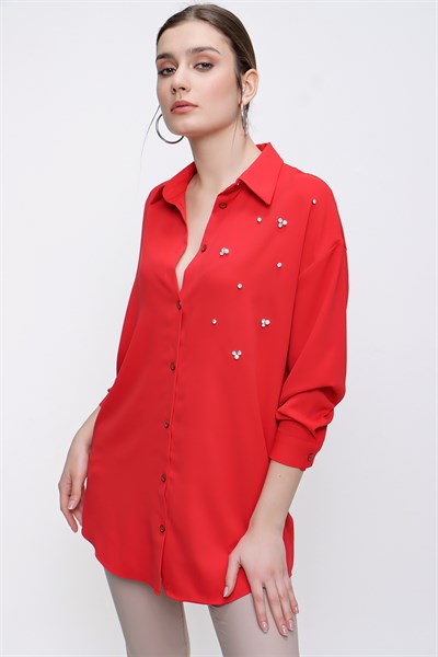 Kadın Kırmızı Yanı Taşlı Uzun Şifon Gömlek