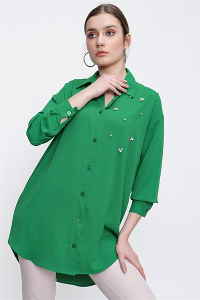 Kadın Yeşil Yanı Taşlı Uzun Şifon Gömlek