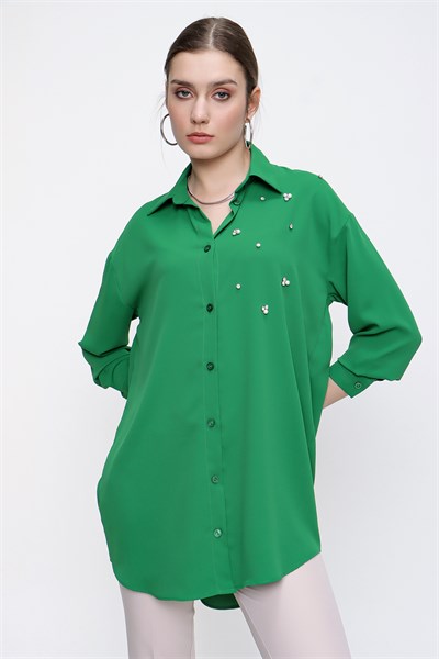 Kadın Yeşil Yanı Taşlı Uzun Şifon Gömlek