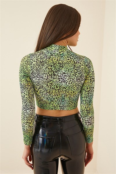 Kadın Yeşil Leopar Desen Crop Bluz