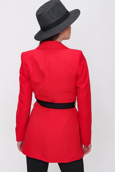 Kadın Kırmızı Kruvaze Yaka Beli Kuşaklı Ceket