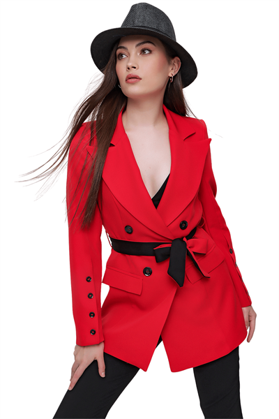 Kadın Kırmızı Kruvaze Yaka Beli Kuşaklı Ceket