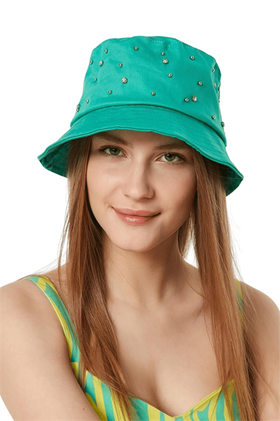 Kadın Açık Yeşil Üzeri Taşlı Bucket Şapka
