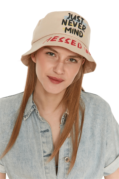 Kadın Bej Baskı Detaylı Bucket Şapka