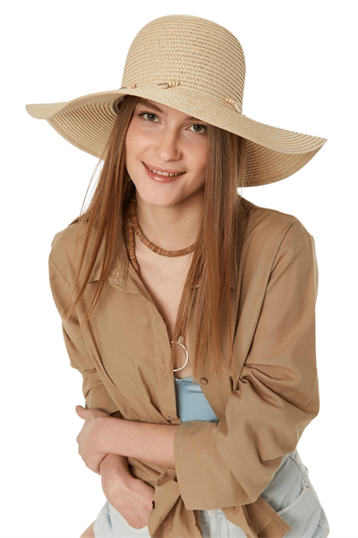 Kadın Bej Deniz Kabuklu Geniş Plaj Şapkası