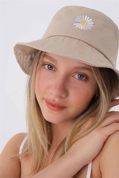 Kadın Bej Papatya Nakışlı Bucket Şapka
