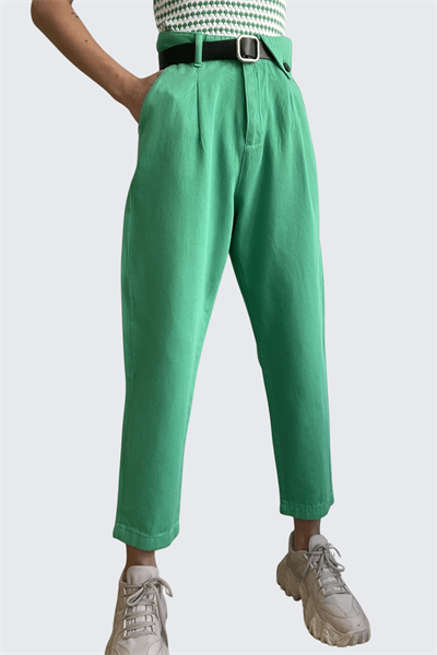 Kadın Benetton Yeşil Önü Pileli Kemerli Keten Pantolon