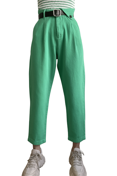 Kadın Benetton Yeşil Önü Pileli Kemerli Keten Pantolon