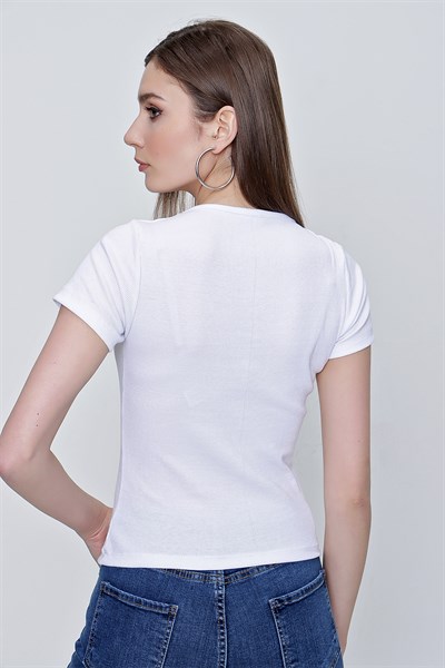 Kadın Beyaz Çıtçıtlı Kısa Kol Crop Bluz