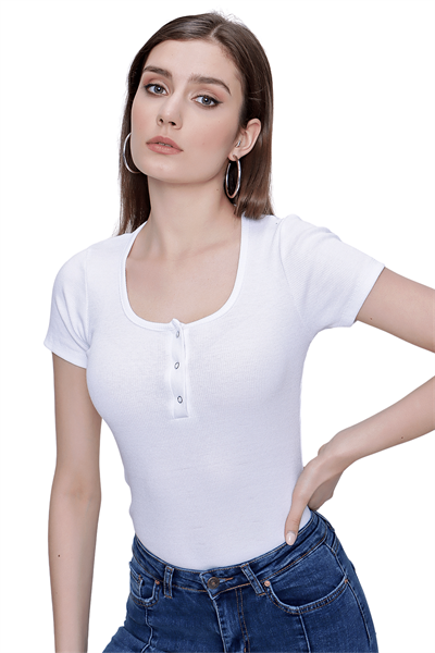 Kadın Beyaz Çıtçıtlı Kısa Kol Crop Bluz