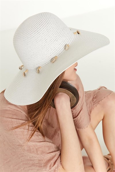 Kadın Beyaz Deniz Kabuklu Geniş Plaj Şapkası