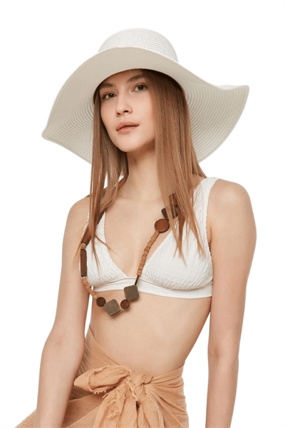 Kadın Beyaz Geniş Hasır Plaj Şapkası