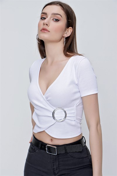 Kadın Beyaz Kruvaze Yaka Fitilli Crop Bluz