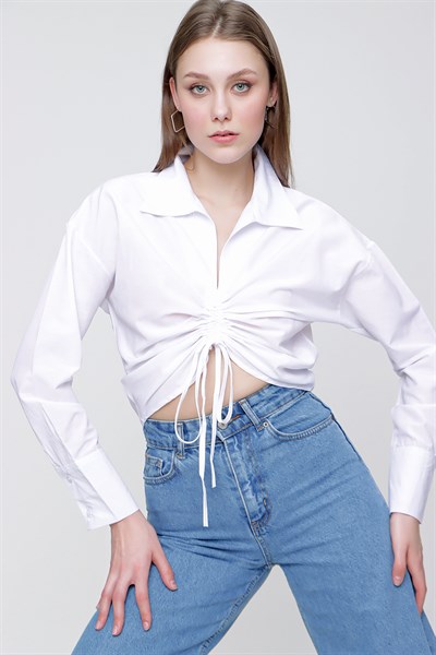 Kadın Beyaz Önü İp Büzgülü Gömlek Yaka Bluz