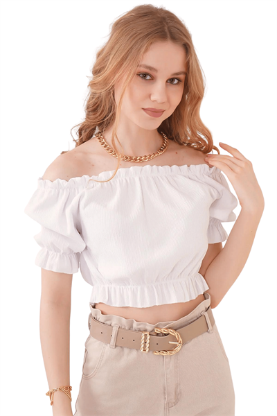 Kadın Beyaz Straplez Örme Crop Bluz