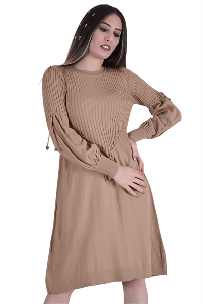 Kadın Bisküvi Beli Bağcıklı Fitilli Tunik Elbise  