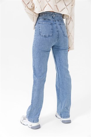 Kadın Buz Mavi Yüksek Bel Bol Paça Kot Pantolon