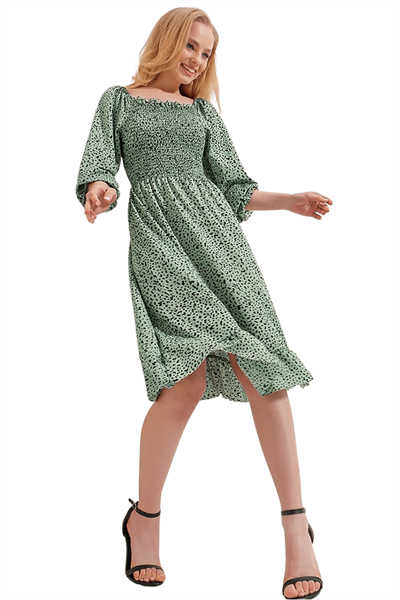 Kadın Çağla Gipeli Desenli Midi Elbise