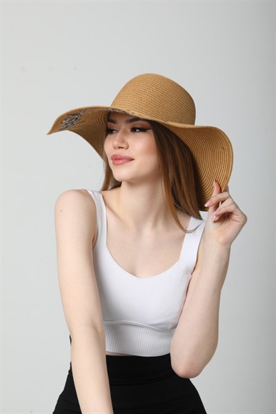 Kadın Camel Yazı İşlemeli Hasır Şapka