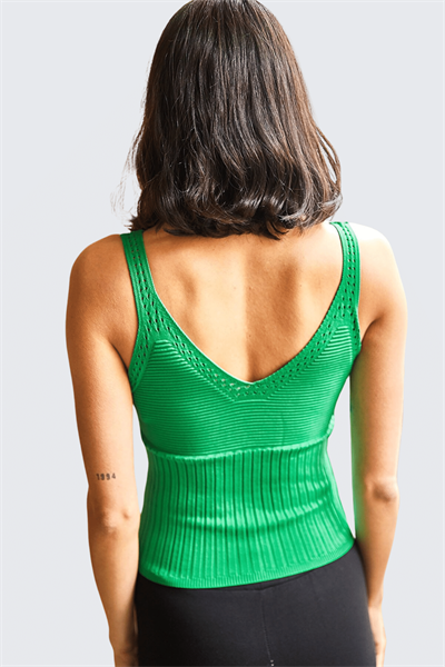 Kadın Çimen Yeşil Ön Arka V Yaka Askılı Triko Bluz