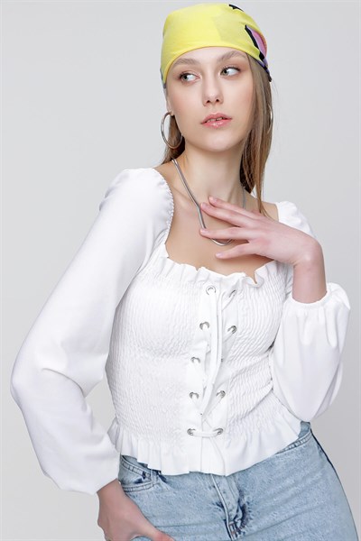 Kadın Ekru Gipeli Korse Crop Bluz