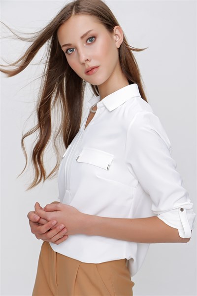 Kadın Ekru Gömlek Yaka Cep Kapaklı Şifon Bluz