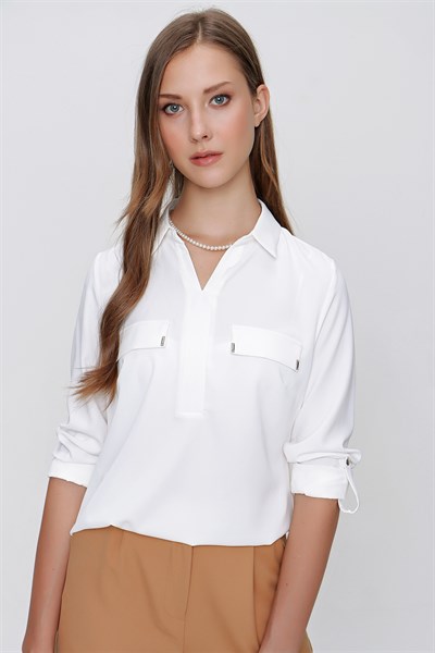 Kadın Ekru Gömlek Yaka Cep Kapaklı Şifon Bluz