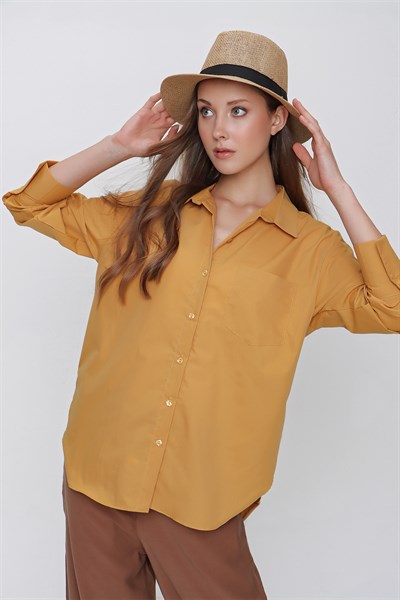 Kadın Hardal Sırtı Düğme Detaylı Oversize Gömlek