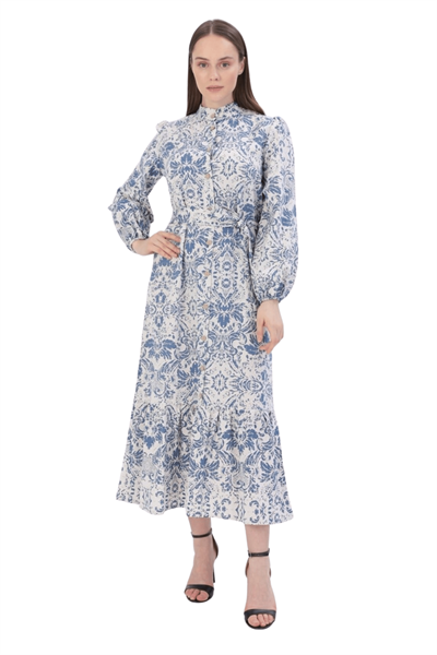 Kadın İndigo Düğmeli Etnik Desen Boydan Elbise