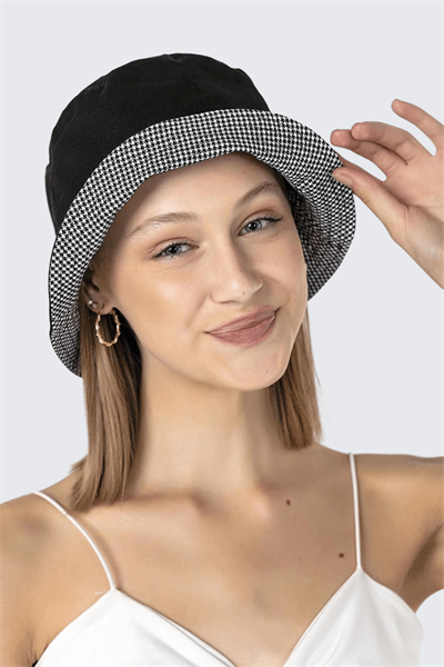 Kadın Kazayağı Desenli Çift Taraflı Bucket Şapka