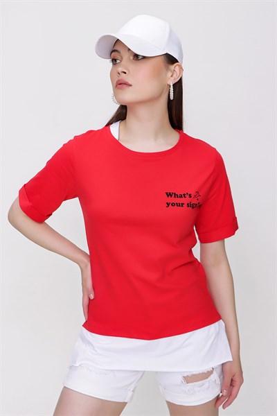 Kadın Kırmızı Baskılı Garnili Tişört