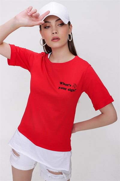 Kadın Kırmızı Baskılı Garnili Tişört
