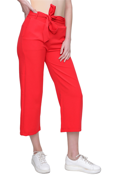 Kadın Kırmızı Beli Kuşaklı Rahat Kesim Pantolon