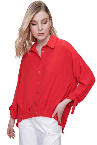 Kadın Kırmızı Büzgülü Önü Kısa Arkası Uzun Gömlek